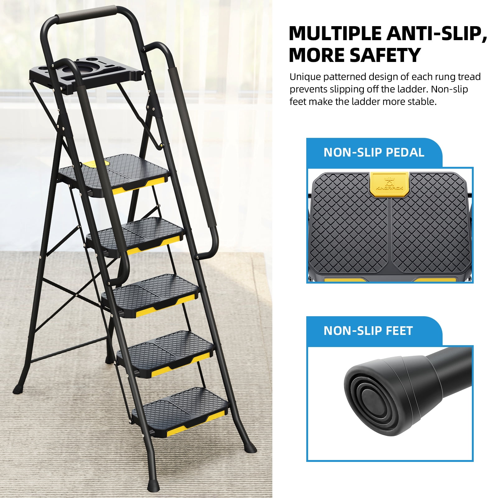KINGRACK 5 Step Folding Ladder, Heavy-Duty Steel Step Stool with Tool Tray and Anti-Slip Pedals (Black, 800 lb Capacity) mvhq5
