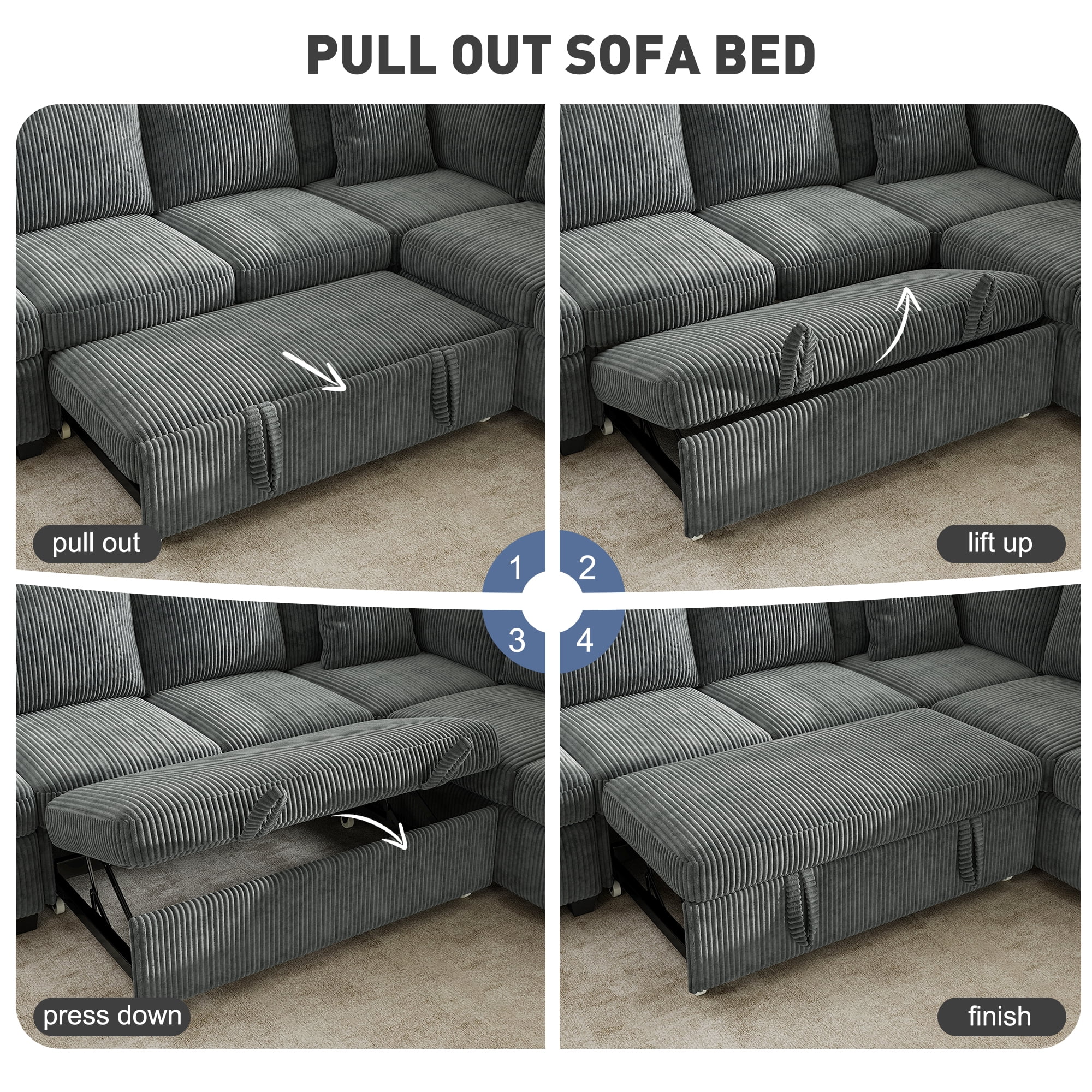 BedLuxury Sectional Sleeper Sofa with Pull-Out Bed, Storage, and USB Charging (Corduroy Gray, 83 in) hox21