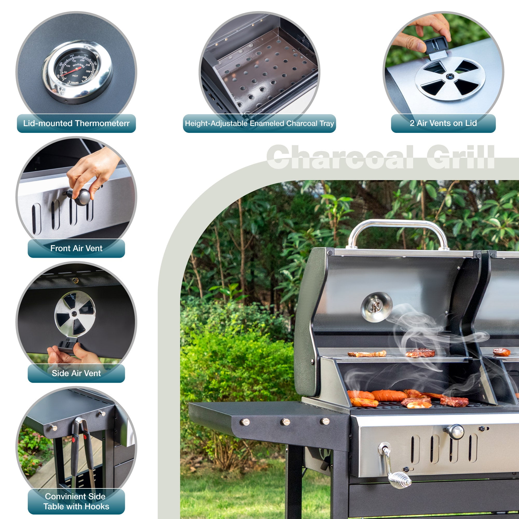 Alpha Joy Dual Fuel Gas and Charcoal Grill Combo with 3 Burners and Side Burner (Black, 685 sq in) 0fuzt