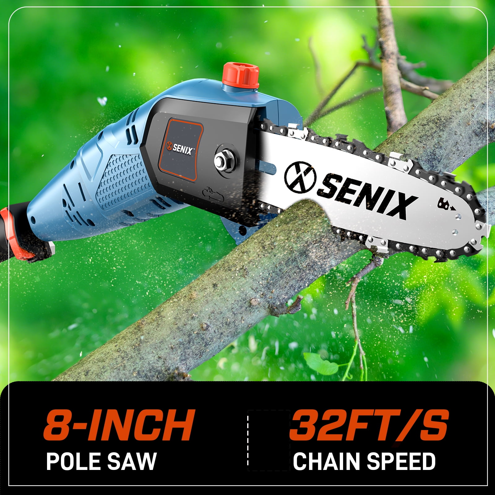 Senix 120V Corded Electric Pole Saw (Blue, 8 in Bar, 103 in Reach) t10an