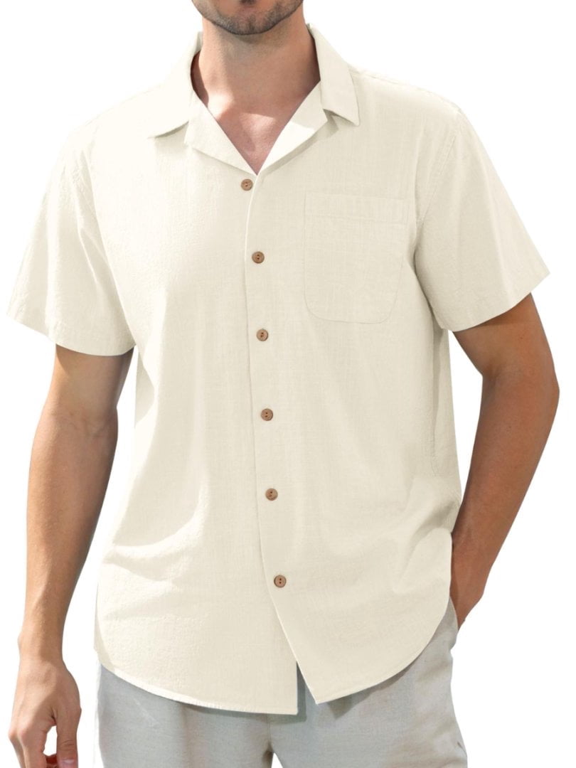 sogami Men's Linen Blend Short Sleeve Hawaiian Button Down Shirt (White, L) bd4ip