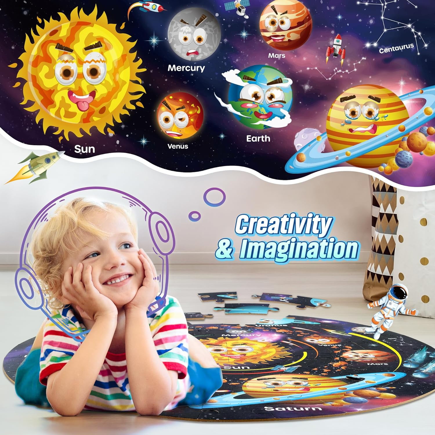 SYNARRY Solar System Floor Puzzle for Kids, Educational Wooden Jigsaw Set (Multicolor, 70-Piece) k6yaf