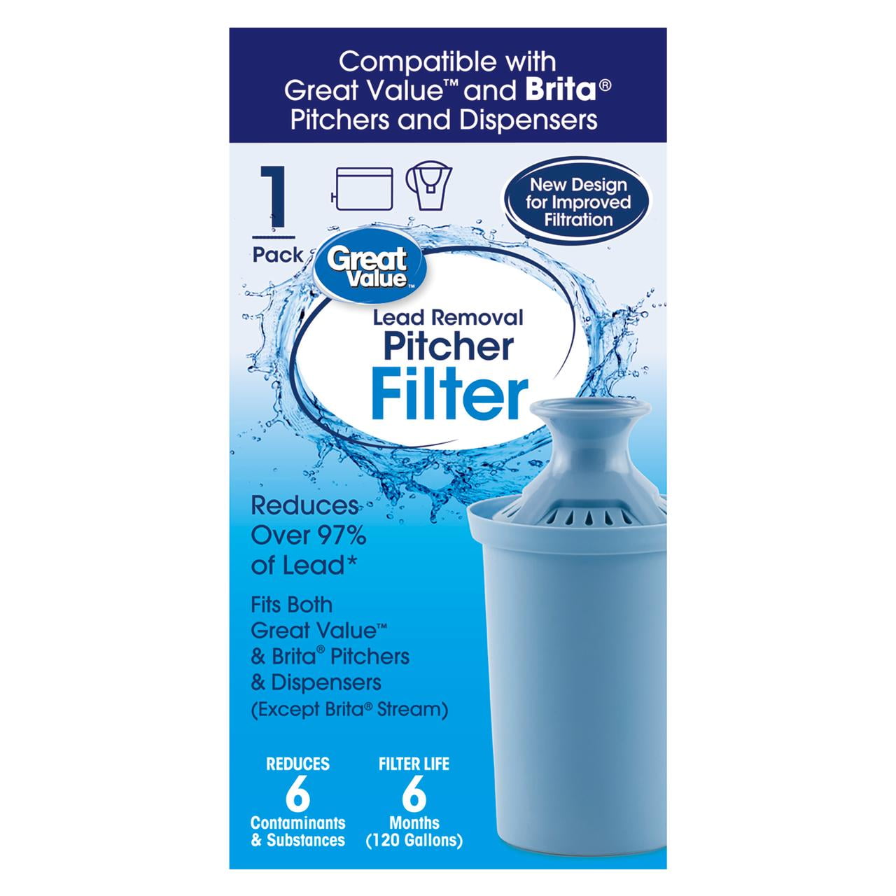 Great Value Long-Lasting Water Filter Replacement (Compatible with Brita Pitchers, 1 Count) cqw9q