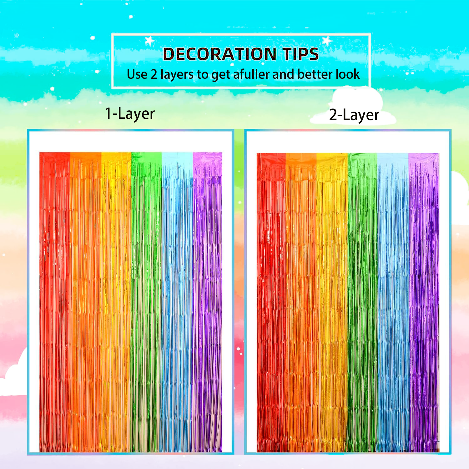 Fbasport Rainbow Foil Fringe Curtains Backdrop (Metallic Tinsel Streamers, 4 Pack, 3.3 ft x 6.6 ft) t1409
