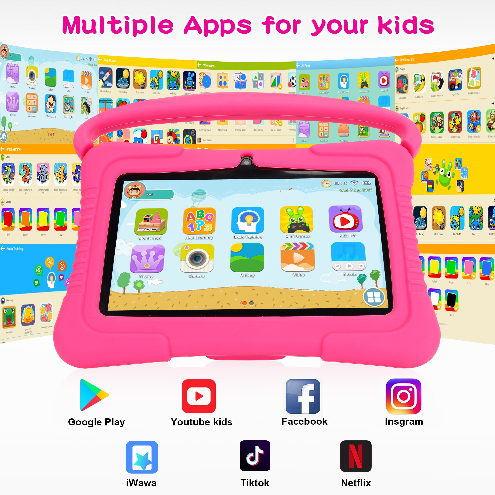 Veidoo Kids Tablet 32GB WiFi Android Learning Device with Silicone Case and Parental Controls (Pink, 7 in) 91xu6
