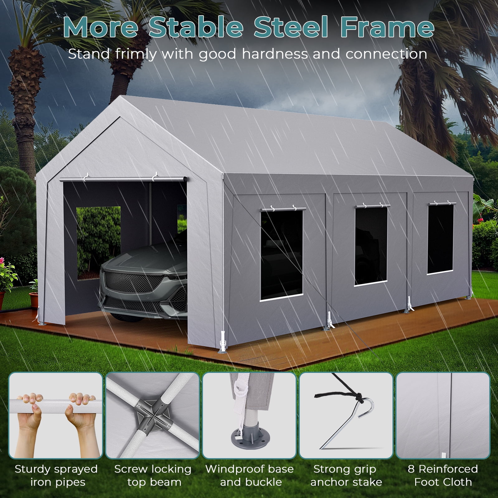 Vitarpatio Heavy Duty Carport Canopy, Reinforced Metal Portable Garage with 6 Roll-up Windows and Removable Sidewalls (Light Gray, 10x20 ft) 0trfm