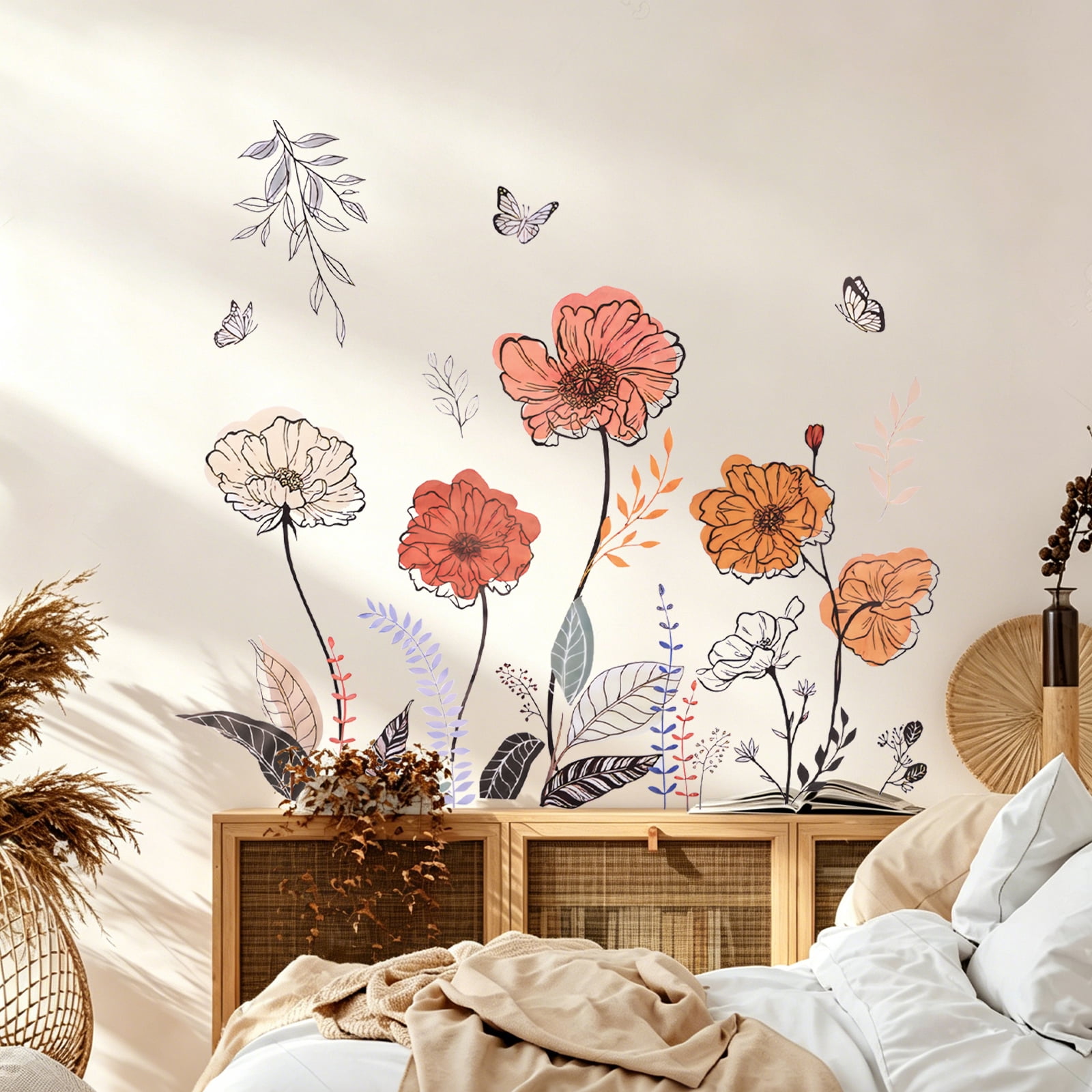 Jimin Boho Wildflower Wall Decals, Peel and Stick Floral Grass Art for Living Room Bedroom (Multicolor, 47.2 in x 15.7 in) 33i7p