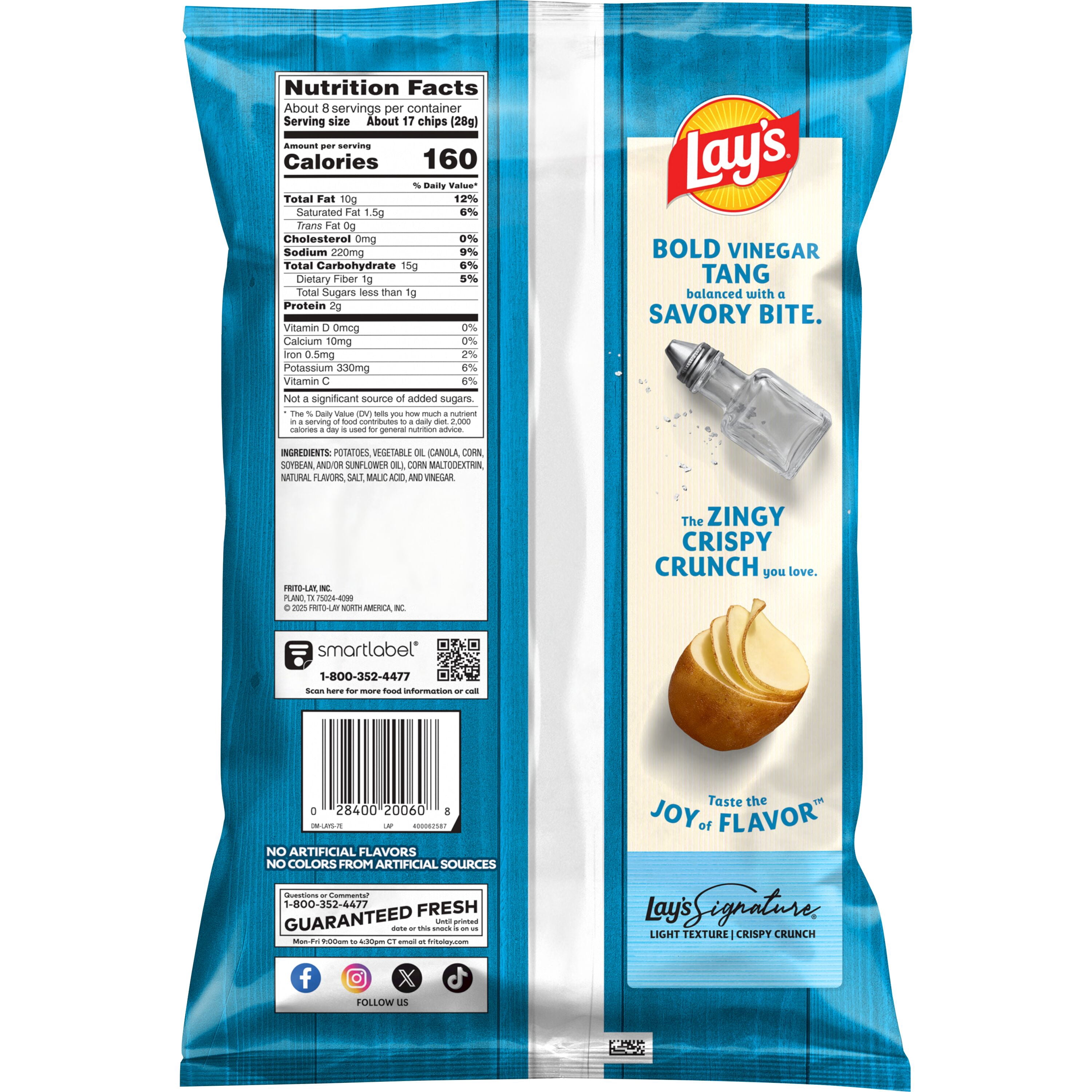 Lay's Salt & Vinegar Potato Chips, Crispy Savory Snack (7.75 oz) 8n27p