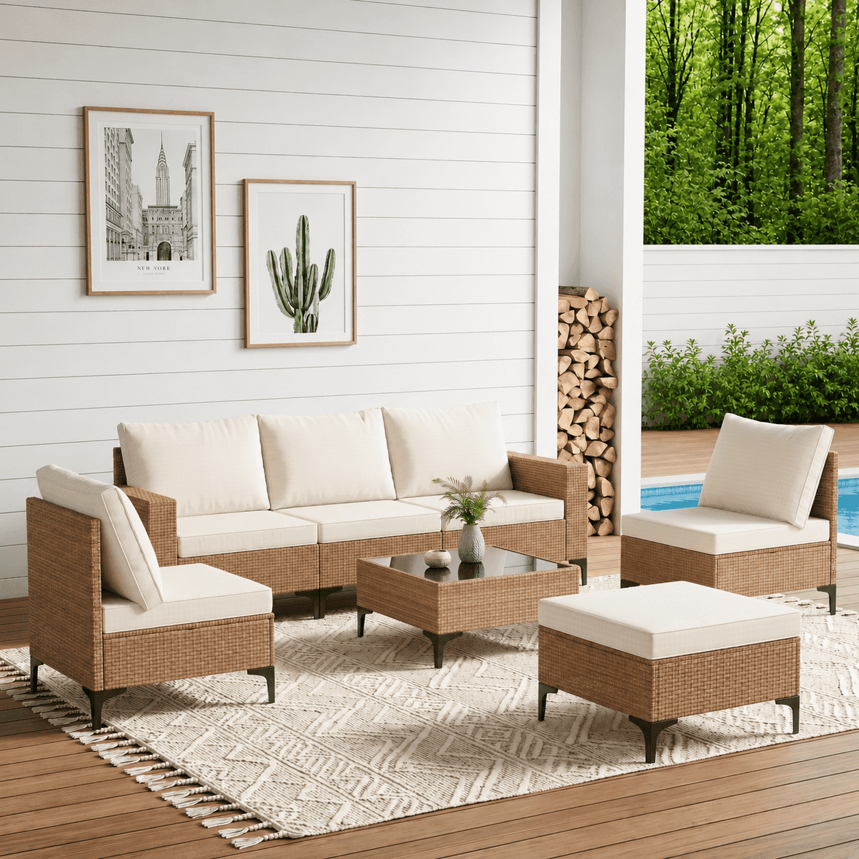 LAZZO 7-Piece Outdoor Conversation Set, Wicker Patio Furniture with Cushions and Coffee Table (Beige, 7-Piece) 4dxaf