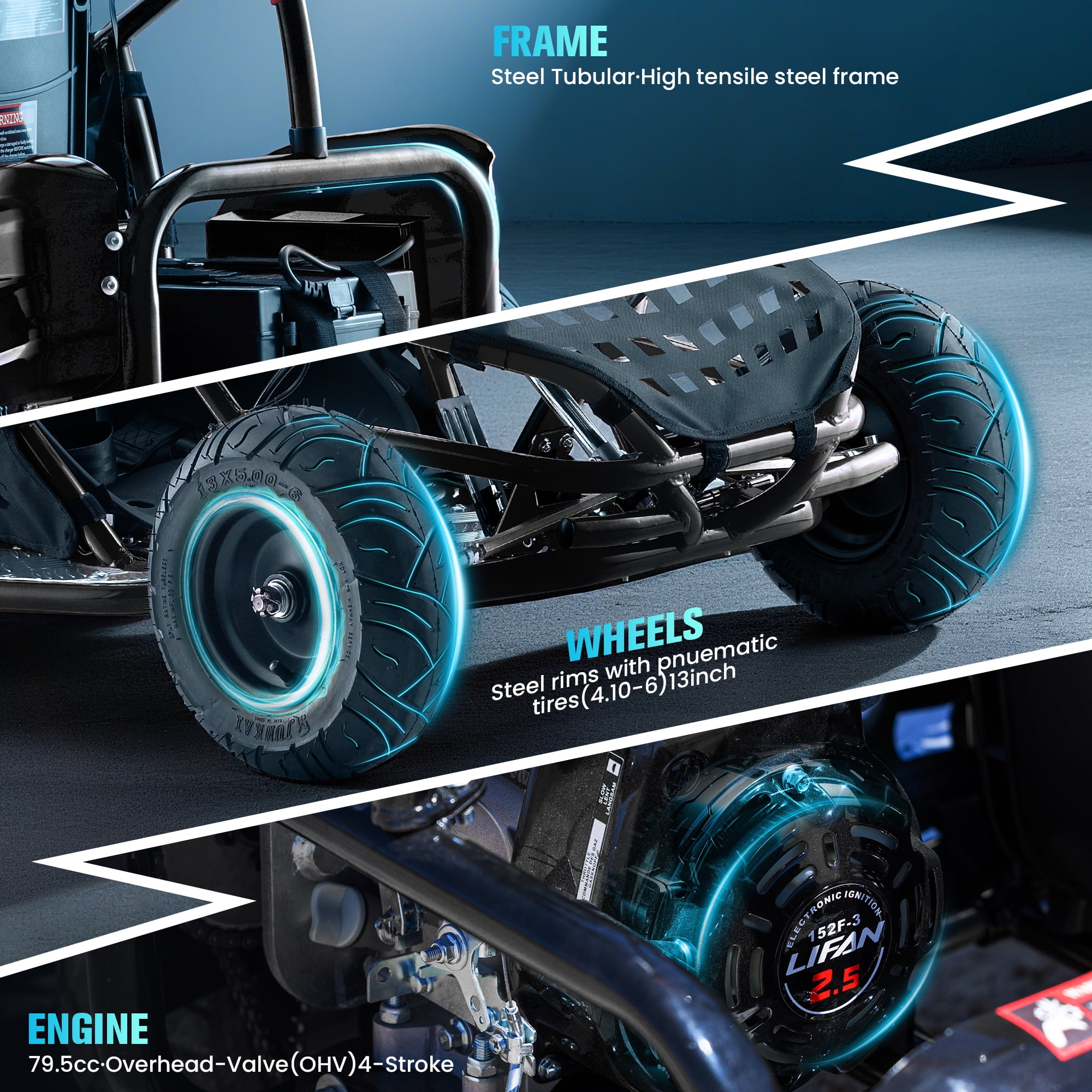 QEASET Electric Go-Kart 1000W Brushless Motor with 3-Speed Control and Hydraulic Disc Brakes (Black, 13 in Tires) vh0rv