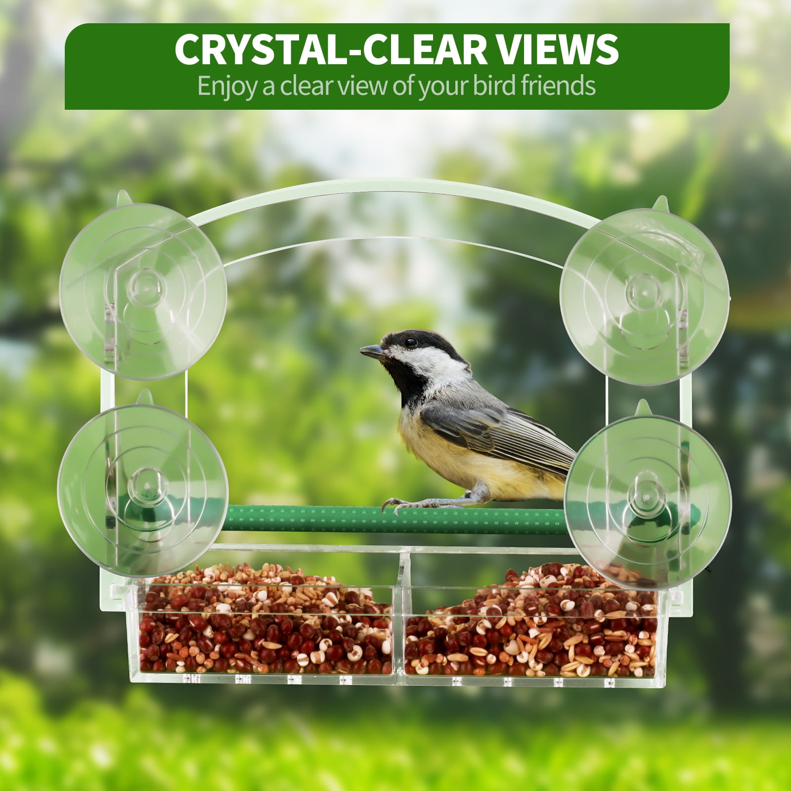 PHANCIR Window Bird Feeder for Outdoors, Clear Acrylic Bird House with Strong Suction Cups and Removable Seed Tray (10.5 in x 3.93 in x 7 in) 8w4ps