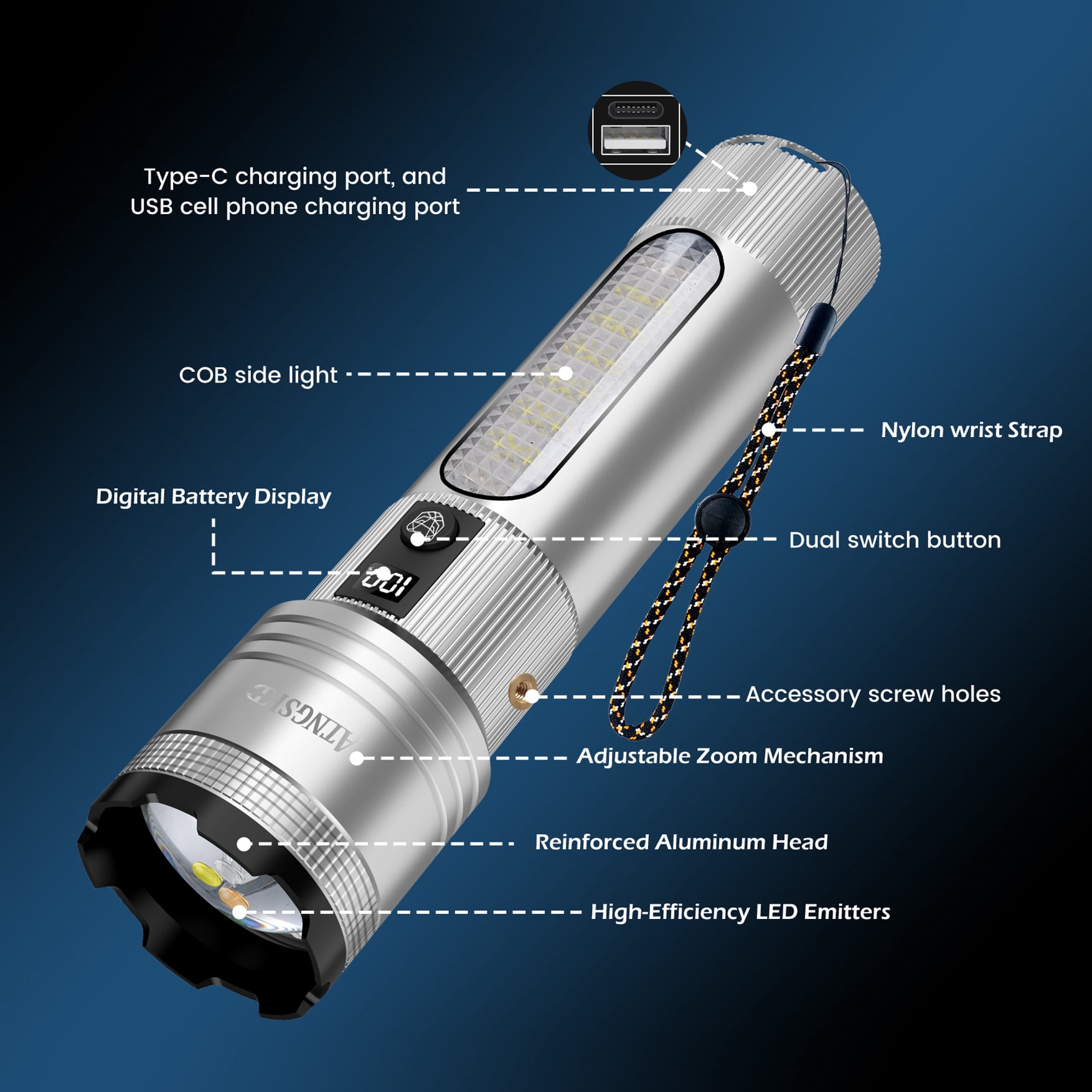 TEENHAO Rechargeable LED Flashlight, High Lumen Zoomable Tactical Light, Waterproof with 9 Modes (Silver, 1 Pack) 7kbec
