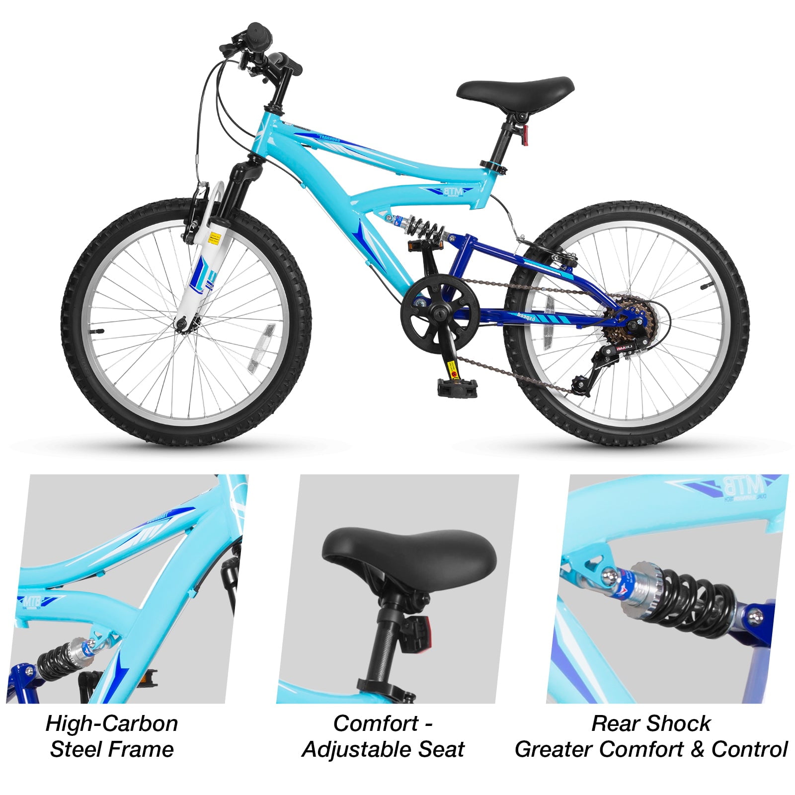 Hykolity Kids Mountain Bike 20 in Full Suspension MTB for Boys and Girls (Aqua Blue, 20 in) uppx4