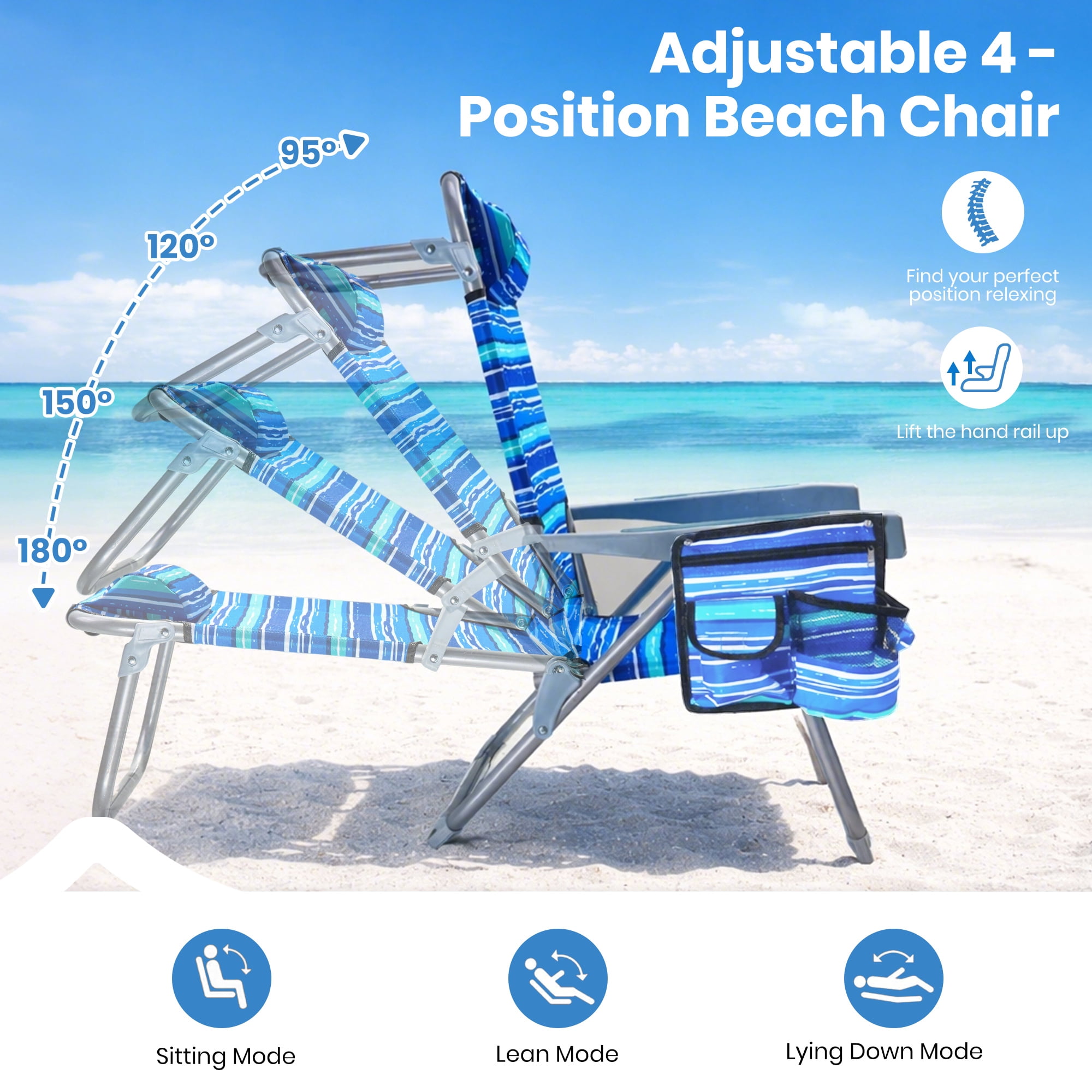GVDV Portable Folding Beach Chair Set, 4-Position Adjustable Reclining Outdoor Seat with Cup Holder and Towel Bar (Blue, 2-Pack) s4l63