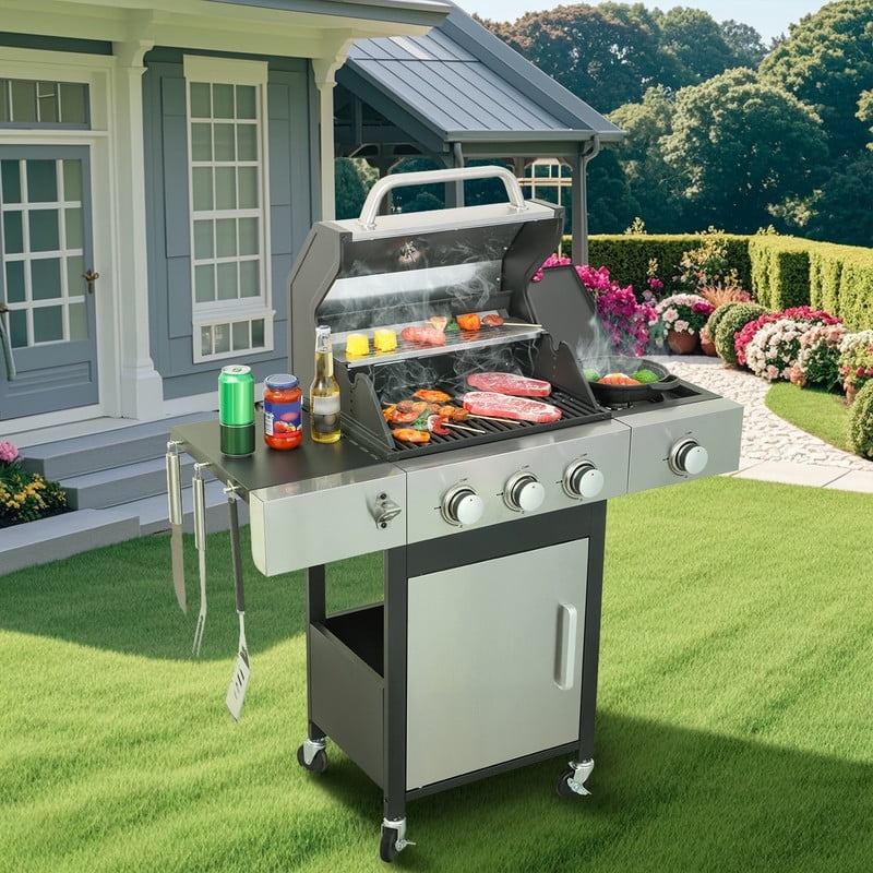 Gundir 3-Burner Propane Gas Grill with Side Burner, Stainless Steel BBQ with Cast Iron Grates (370 sq in, 37230 BTU) 9a21a