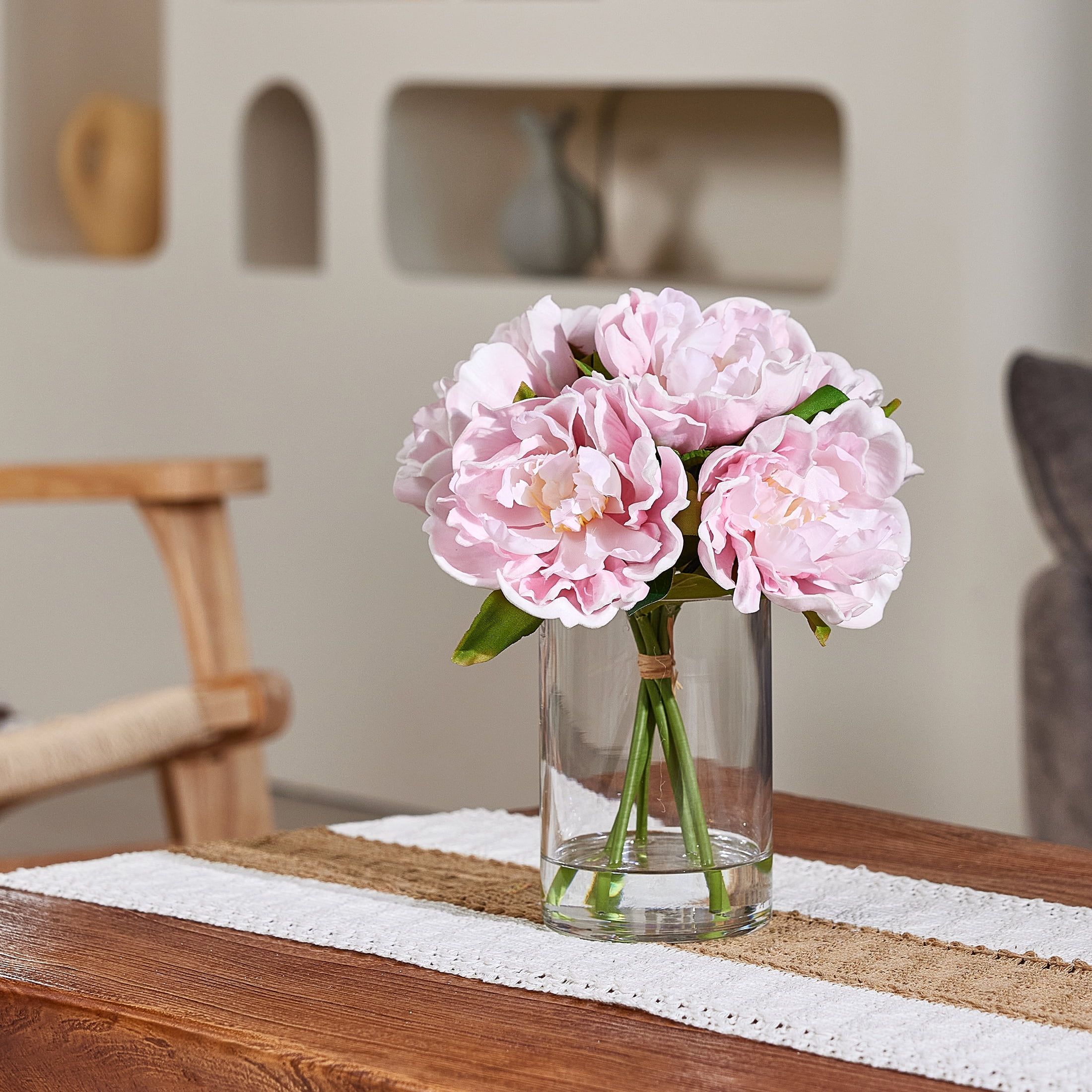 DR.Planzen Artificial Peony Flower Arrangement with Glass Vase (Pink, 10.6 in) 0ln0c