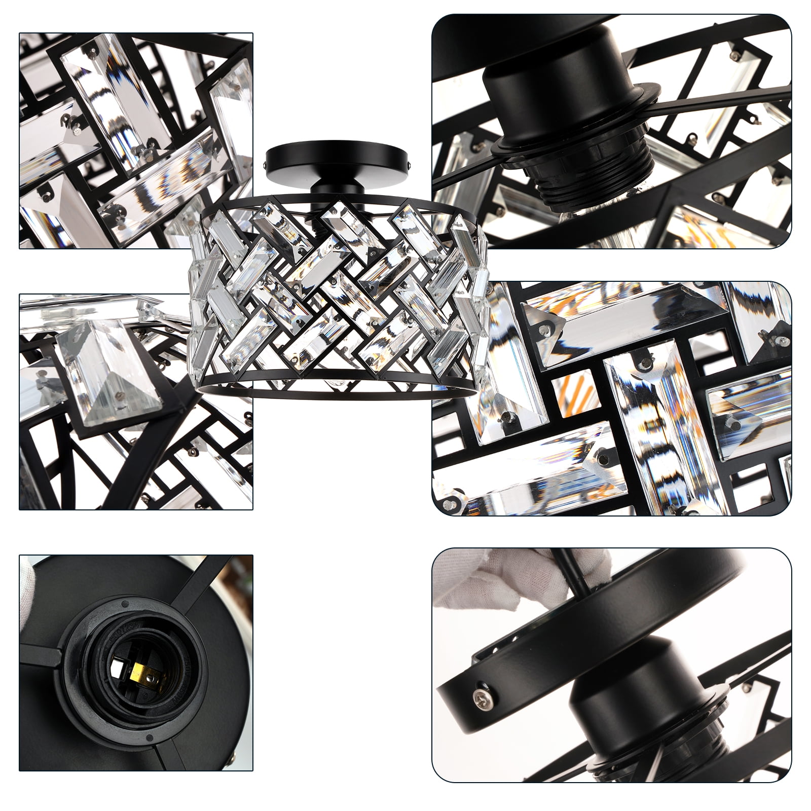 FRIDEKO HOME Modern Crystal Semi Flush Mount Ceiling Light, Black Metal Drum Fixture for Hallway and Bathroom (8.86 in) 1f0g1