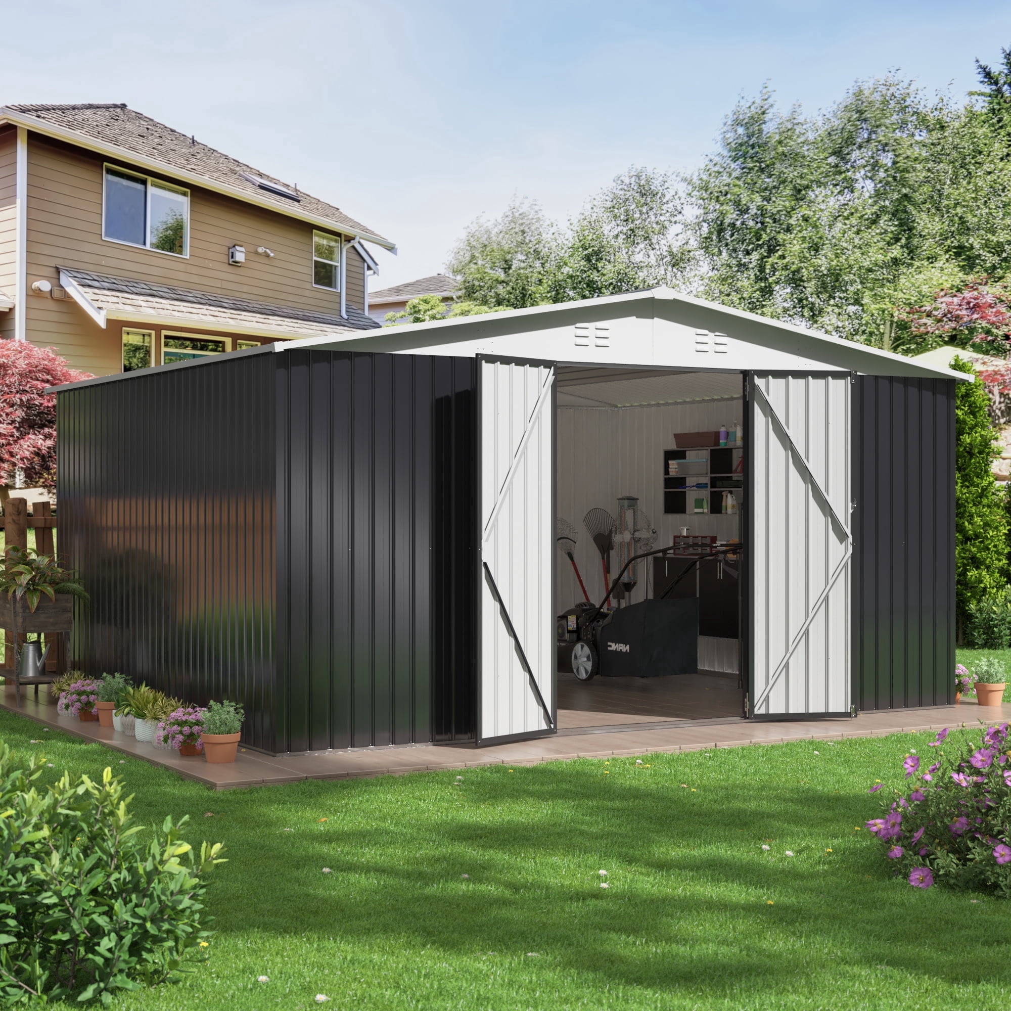 MUCHANT Outdoor Metal Storage Shed with Lockable Doors and Reinforced Frame (White, 12 ft x 14 ft) 9rvk2