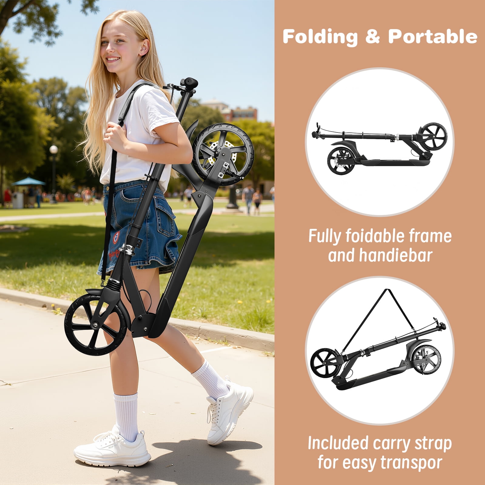 Duomigo Kick Scooter for Teens and Adults, Foldable Commuter Scooter with Hand Brake and 8 in Wheels (Black, 220 lb) pbg6k