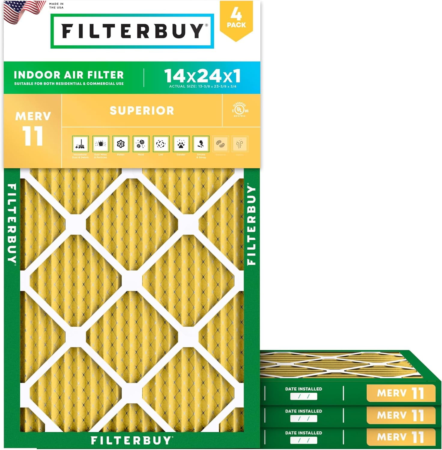 Filterbuy 14x24x1 Air Filter MERV 11 Allergy Defense, Pleated HVAC AC Furnace Replacement (4-Pack) 4bly5