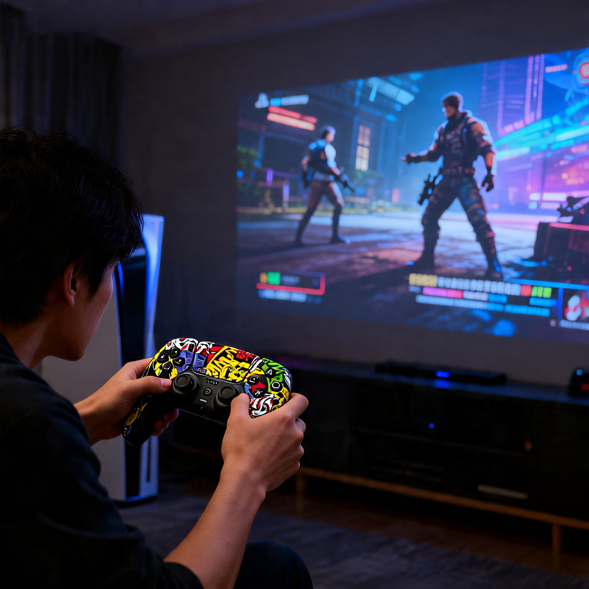 YUOY Wireless Gaming Controller for P5/P5 Pro/P5 Slim/PC, Dual Vibration, 6-Axis Motion Control, Built-in Speaker (Street Graffiti, 1500mAh) euj1a