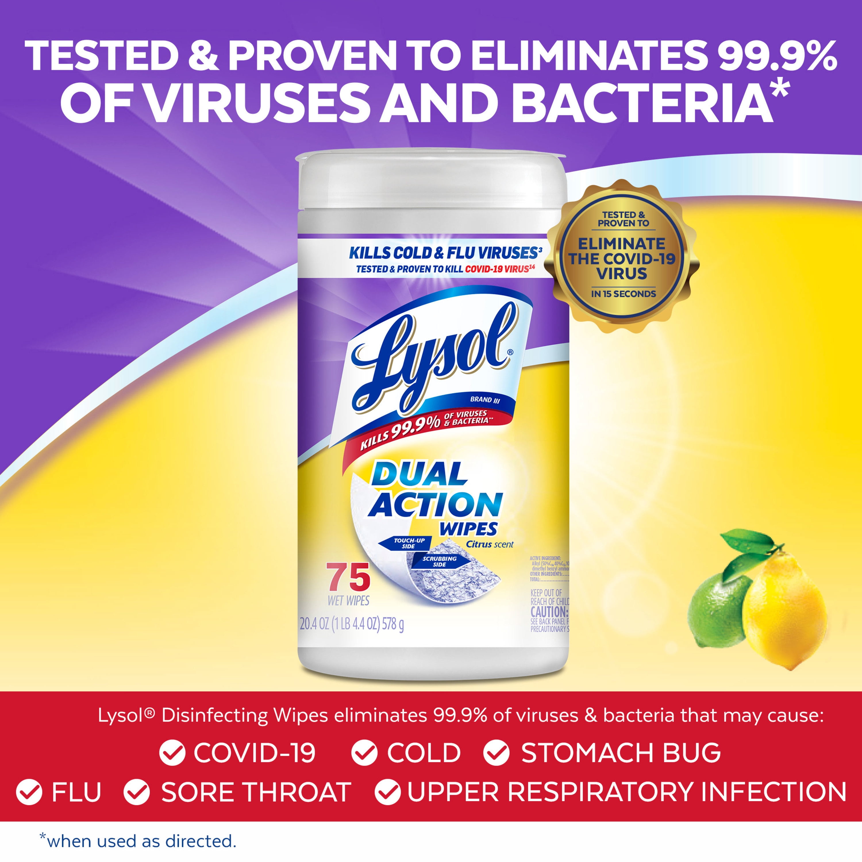 Lysol Dual Action Disinfectant Wipes, Multi-Surface Antibacterial Scrubbing Wipes, Citrus Scent (75 Count) ybpt4
