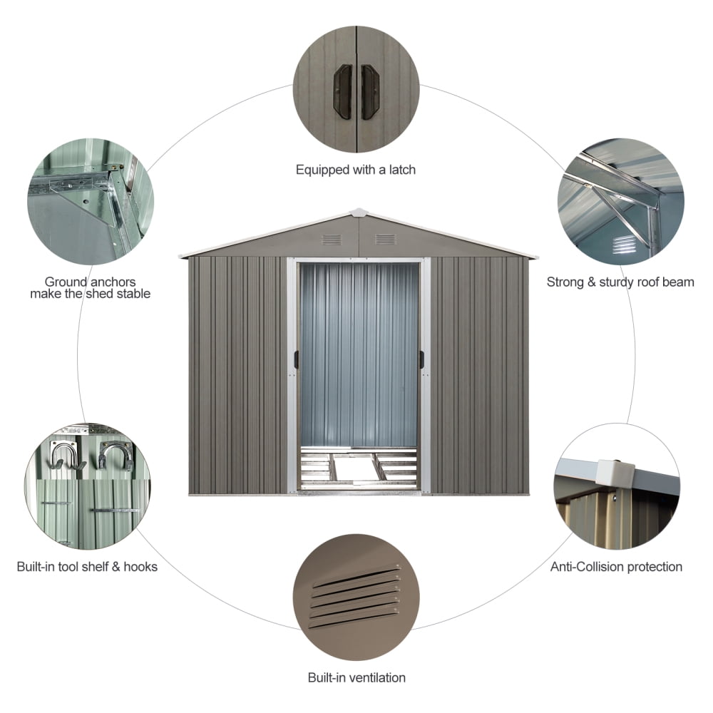 Generic Metal Storage Shed with Steel Foundation, Heavy-Duty All-Weather Outdoor Garden Equipment Organizer (Grey, 8x10 ft) pda12