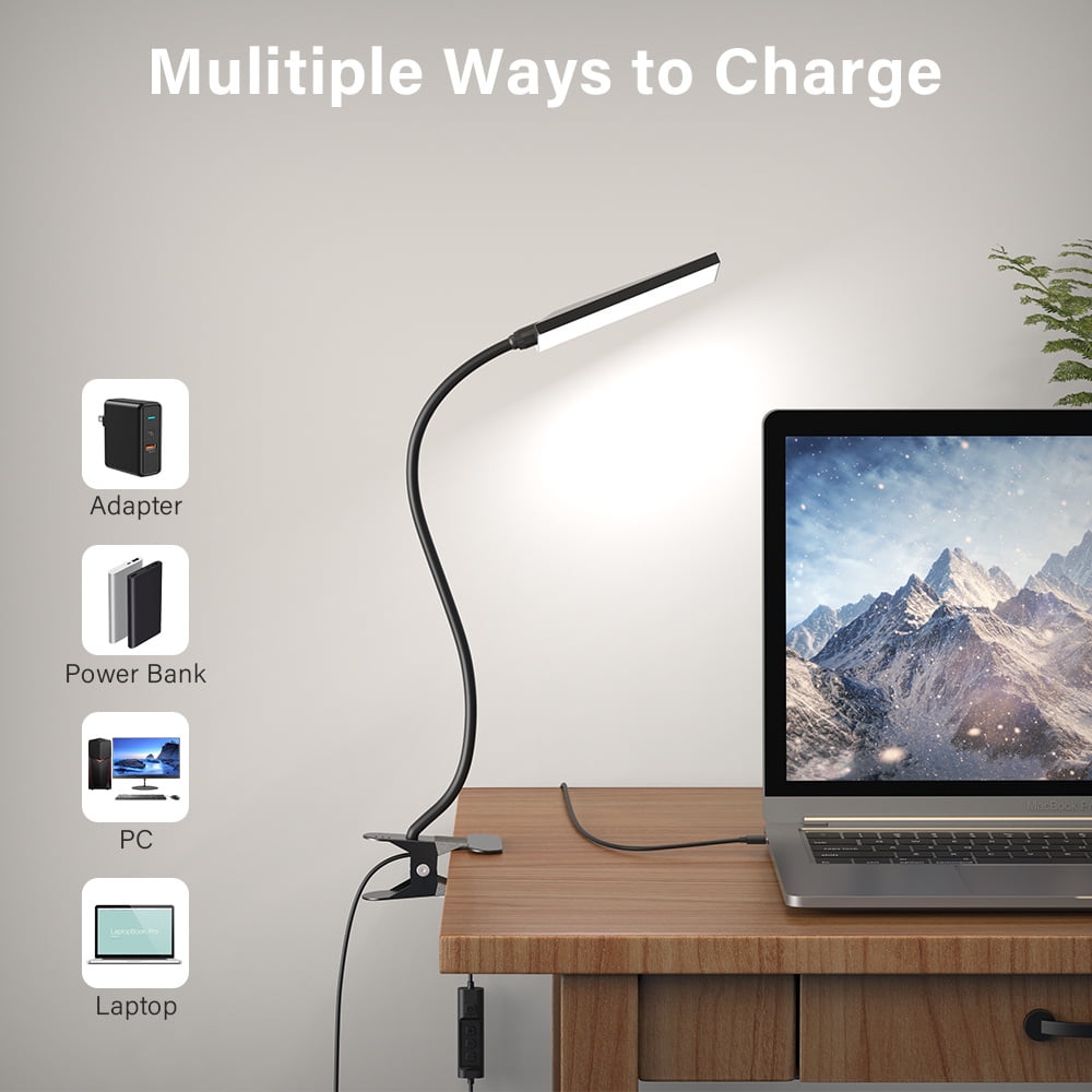 Aiibe LED Desk Lamp with Clamp, Dimmable Reading Light, 3 Color Modes & 11 Brightness Levels, Flexible Gooseneck (Black, 5W) 3kdzz