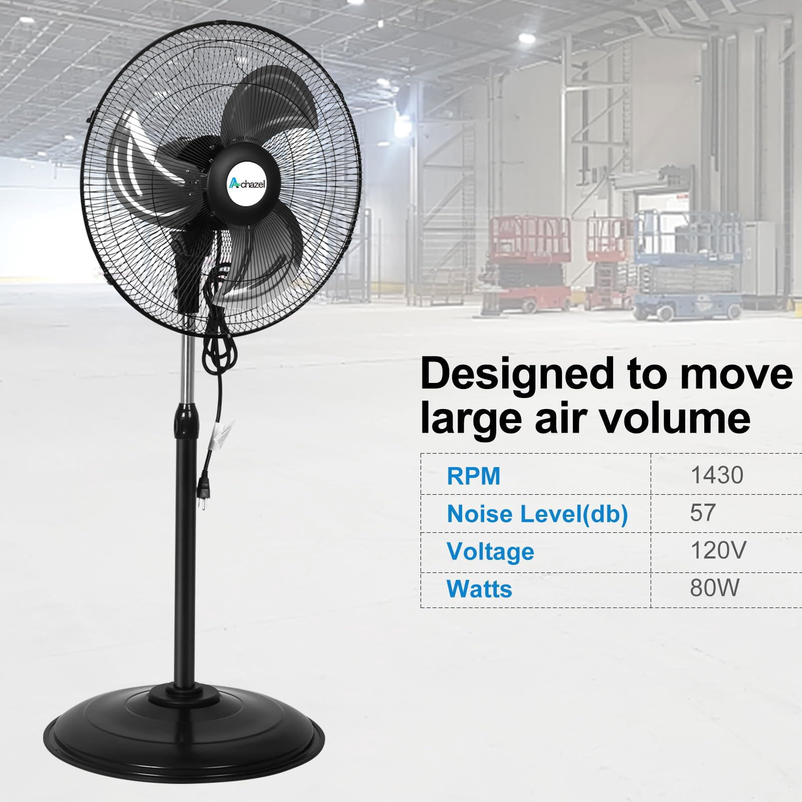Achazel 18 in Oscillating Pedestal Fan, 3-Speed Heavy-Duty Industrial Standing Fan with Adjustable Height (Black, 18 in) 7sa2h