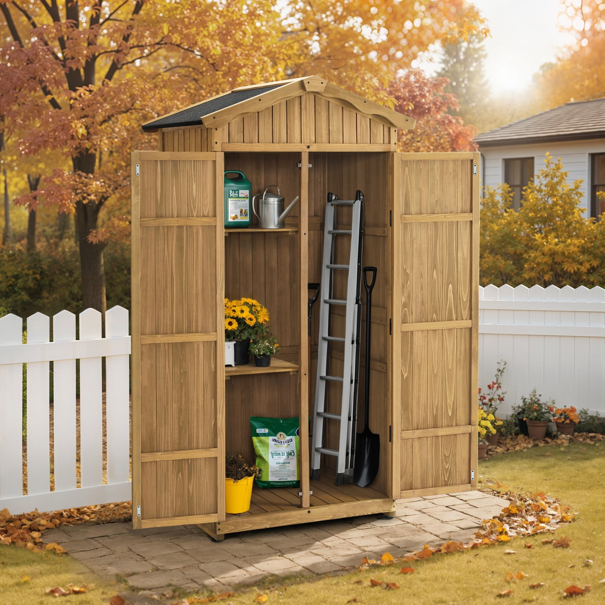 MCombo Outdoor Storage Cabinet, Lockable Wooden Tool Shed with Waterproof Asphalt Roof and Removable Shelves (Natural Wood, 75.8 in) z4llx