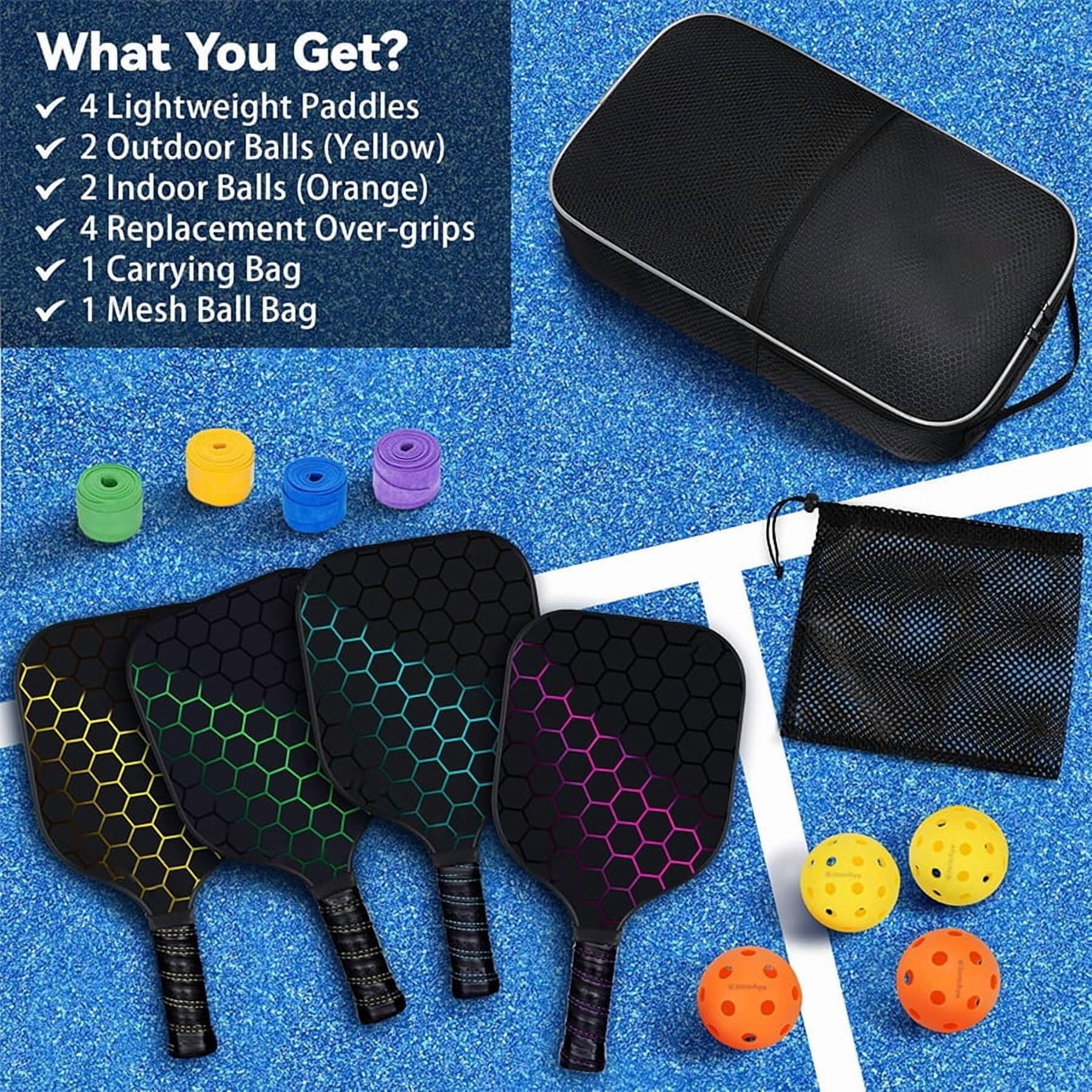 Pickleball Paddle Set (4 Rackets, 4 Balls, Carrying Bag, Fiberglass Graphite Surface, Black, 4-Pack) cqesw