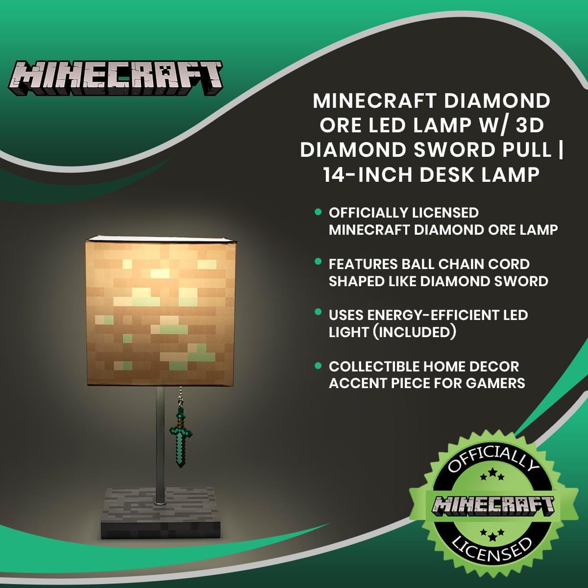 Minecraft Diamond Ore LED Desk Lamp with 3D Diamond Sword Pull (14 in) zo6ev