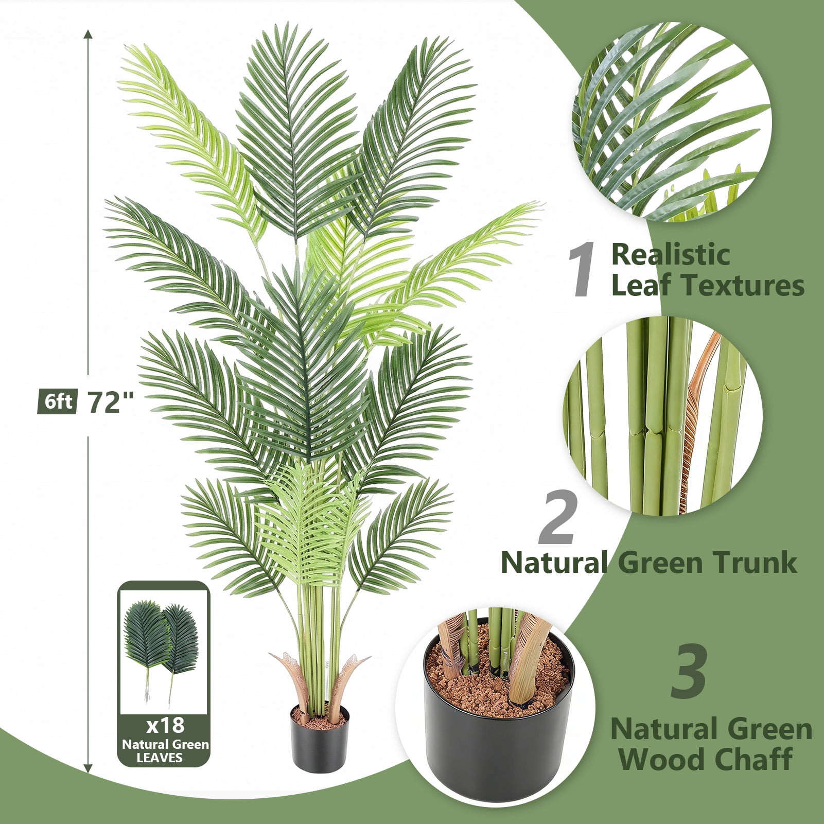 Tebru Artificial Palm Tree, Realistic Tropical Faux Plant for Home and Office Decor (Green, 6 ft) etczs