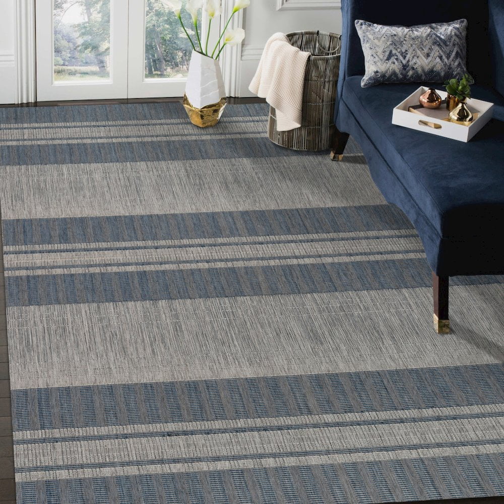 HomeRoots Striped Indoor Outdoor Area Rug Stain Resistant Durable Polypropylene (Blue and Gray, 8 ft x 10 ft) elv7z