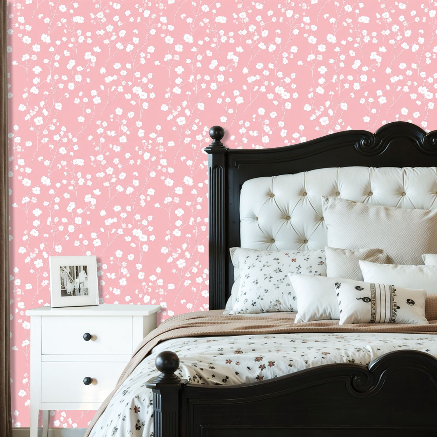 Kanworse Peel and Stick Wallpaper Floral Wall Mural (White and Soft Pink, 23.6 in x 9.8 ft) fbk5p