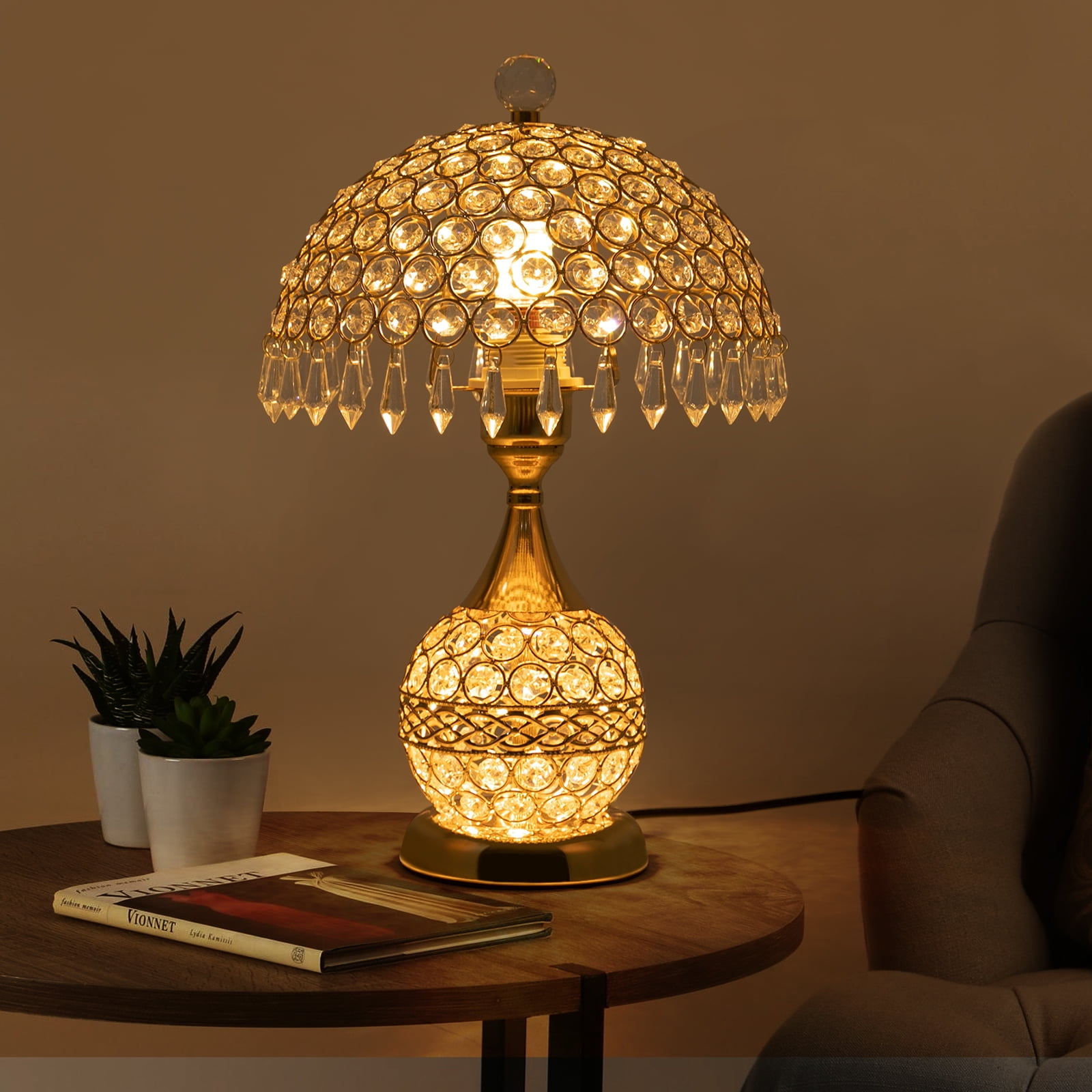 Deluxe Crystal Table Lamp Vintage Bedside Nightstand Desk Light (Gold, 9.84 in x 16.92 in) 04klt