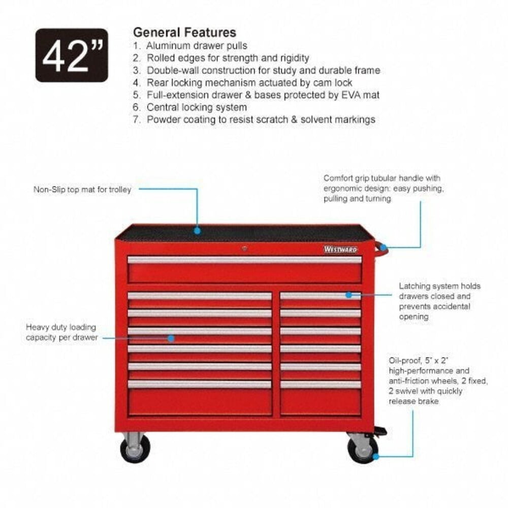 Westward Rolling Tool Cabinet, 13-Drawer Heavy-Duty Steel Storage Chest, Powder Coated Finish (Gloss Red, 42 in W x 19 in D x 40 in H) 9lnjq