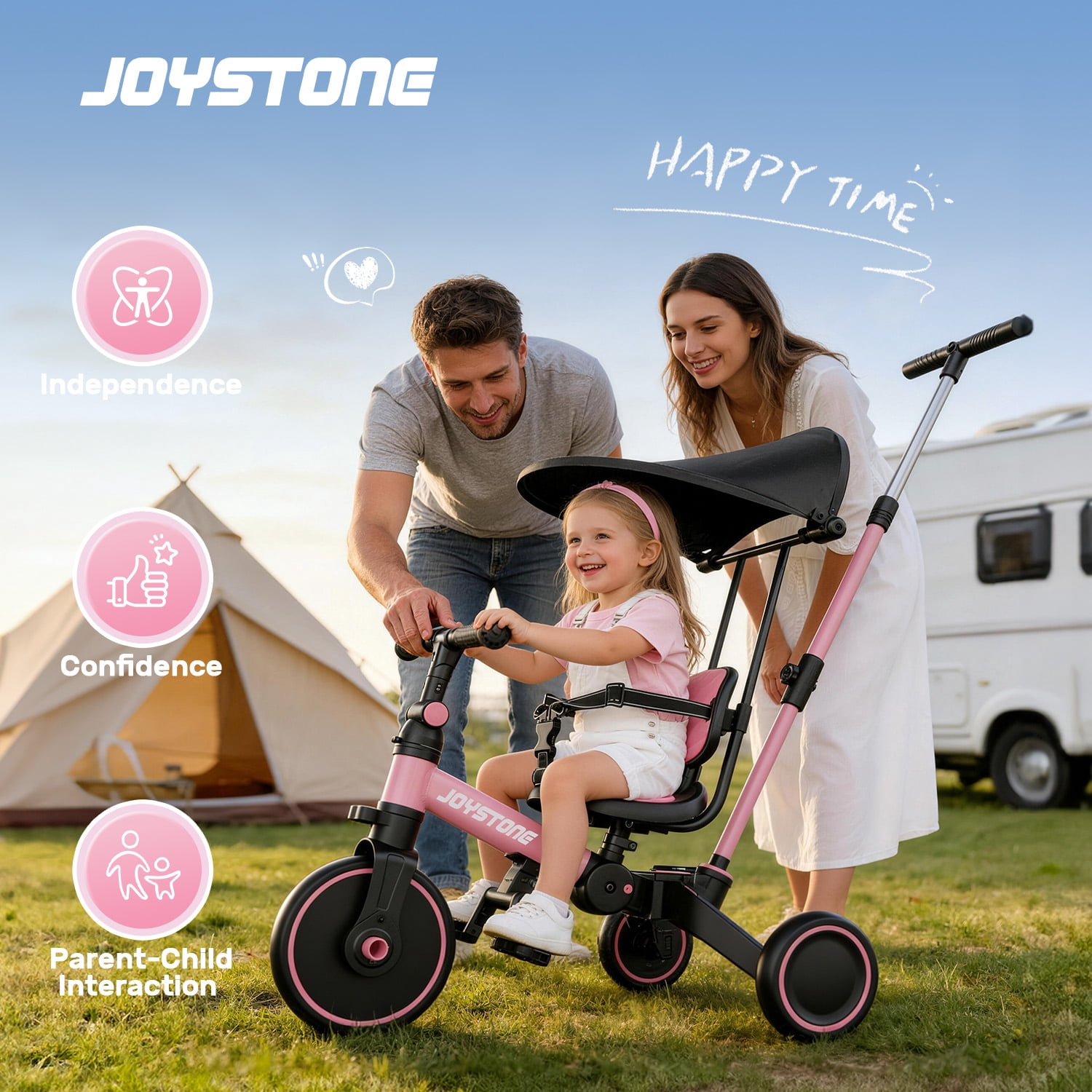 JoyStone 7-in-1 Foldable Toddler Tricycle and Balance Bike with Parental Control Handle and Adjustable Canopy (Pink) p8g8q