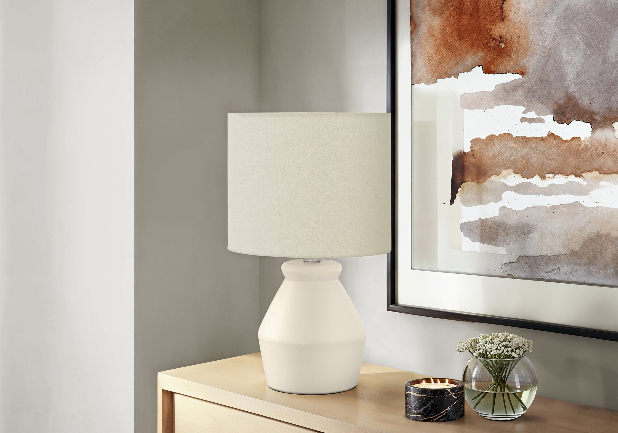 PuppyCheer Ceramic Table Lamp Modern Bedside Lighting with Ivory Linen Shade (Cream, 16.5 in) tlif5