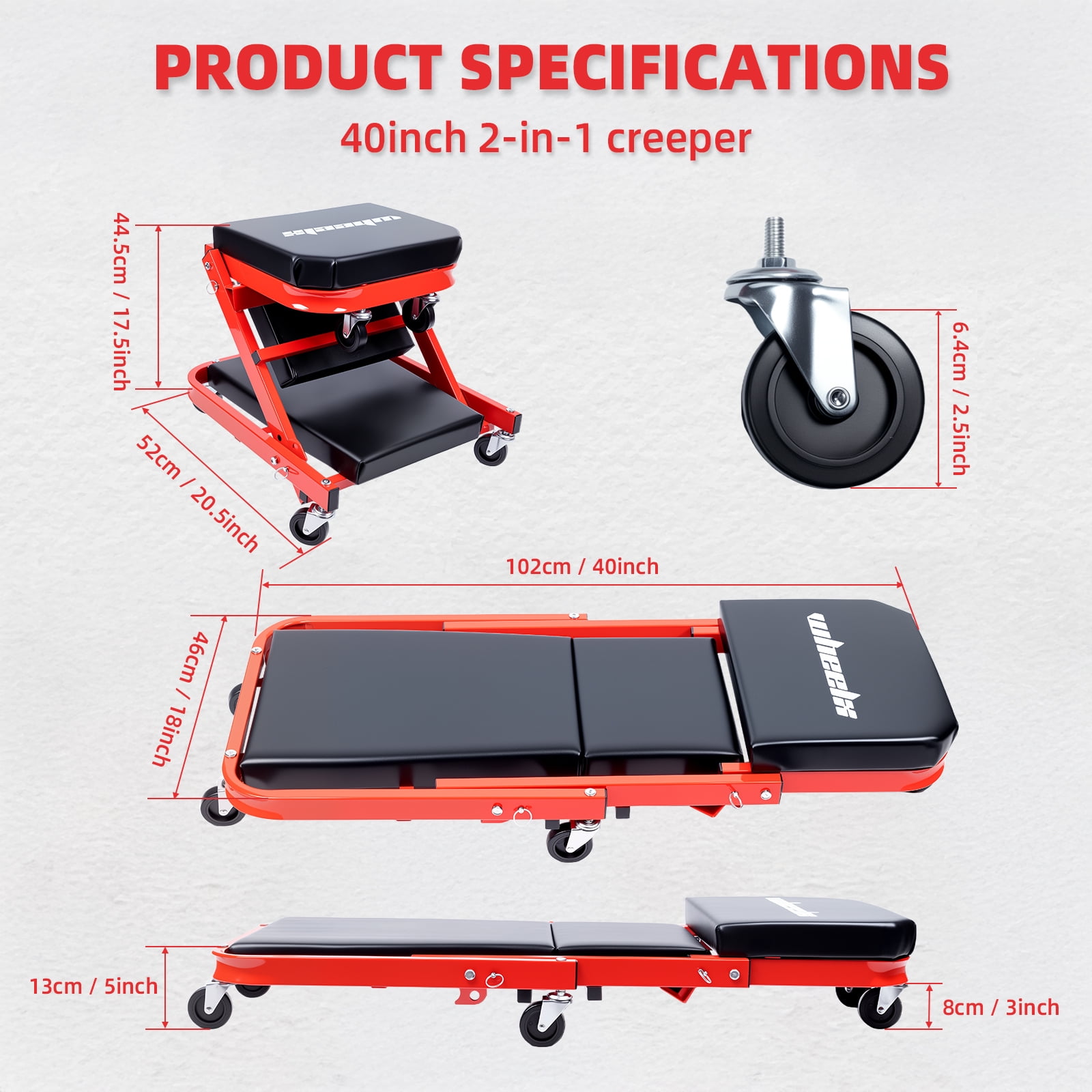 WheelX 2-in-1 Mechanic Creeper and Rolling Seat, Heavy-Duty Shop Stool with 6 Swivel Casters (Red, 40 in) 7ryqy