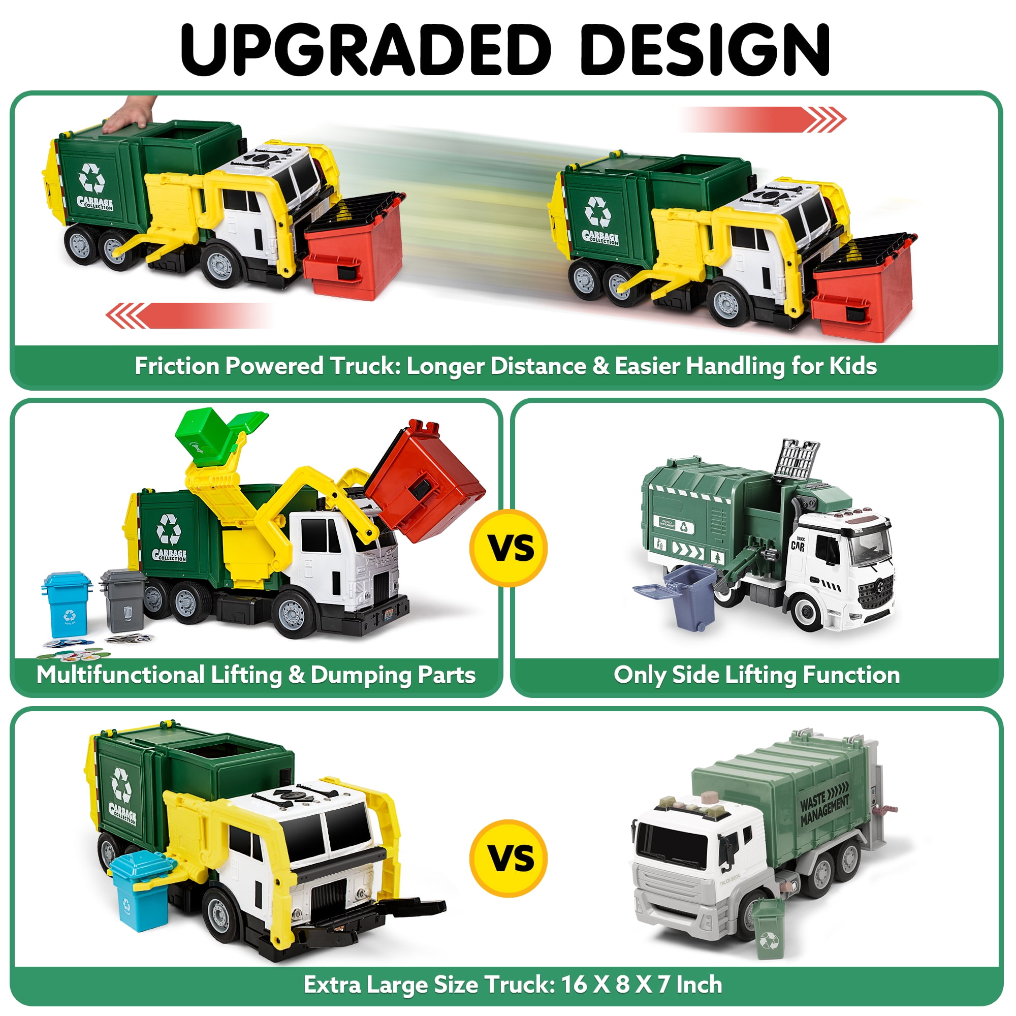 Joyfy Large Garbage Truck Toy with Lights and Sounds, Friction-Powered Recycling Vehicle with Sorting Bins (Green, 16 in) bho32