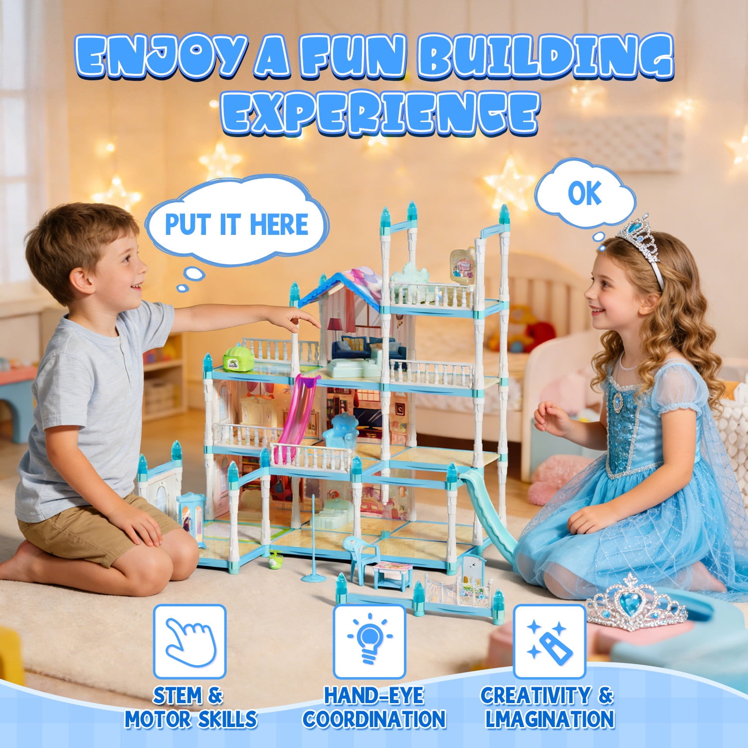 JoyStone Dollhouse with Warm Light, DIY Pretend Play Playhouse with 14 Rooms and 2 Dolls (Blue) w91cf