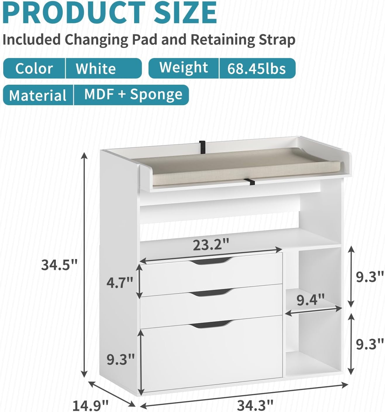 Linor Baby Changing Table Dresser with 3 Drawers and 3 Storage Shelves (White, 34.3 in x 18.5 in x 34.5 in) lfr9j