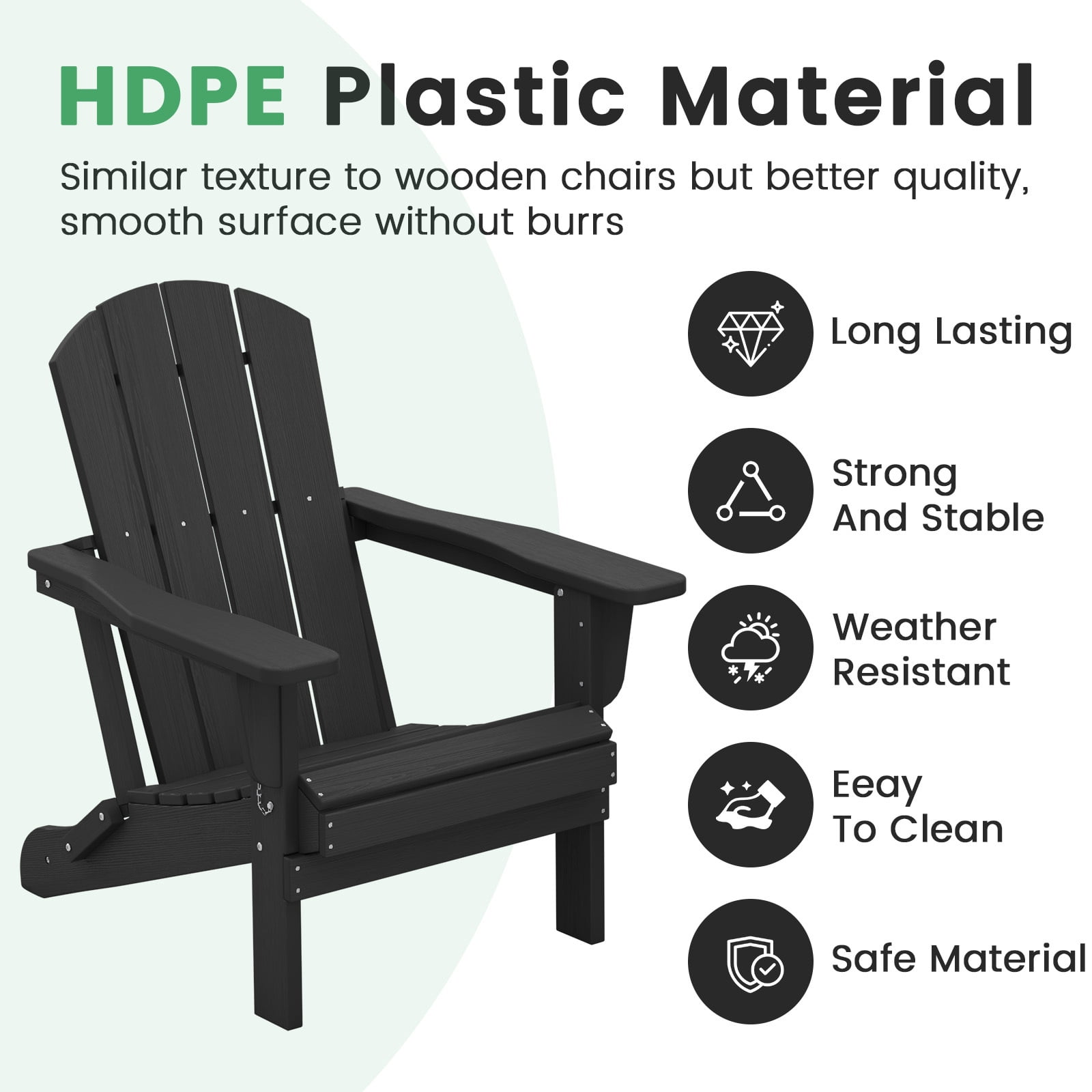 Loyalice Folding Adirondack Chair, Weather-Resistant HDPE Outdoor Patio Chair with Ergonomic Backrest (Black, 360 lb Capacity) wxm2z