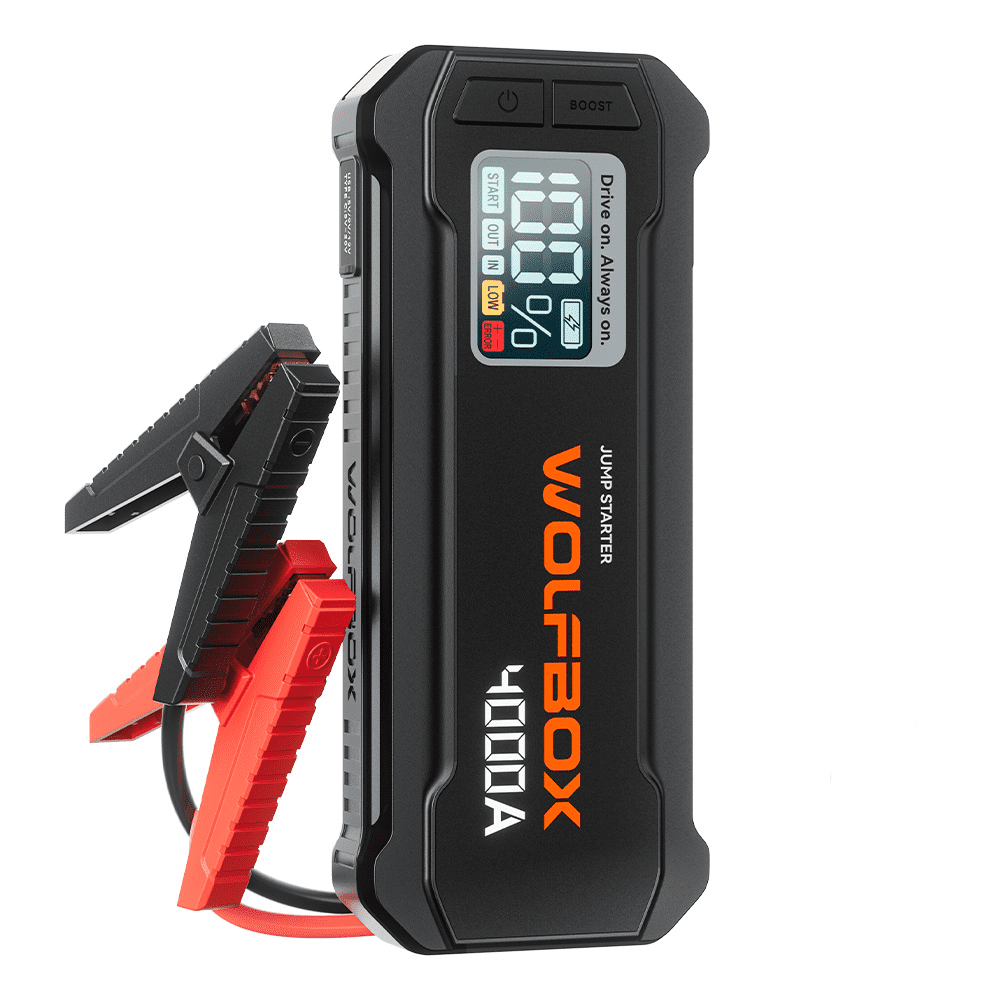 WolfBox 4000A Portable Car Jump Starter, Heavy-Duty Battery Booster Pack for 10L Gasoline & Diesel Engines (Black, 24000mAh) rnpaw
