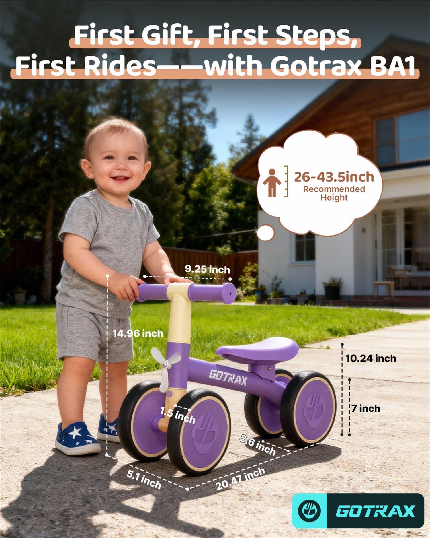 GOTRAX BA1 Baby Balance Bike 4-Wheel Ride-On Toy for Toddlers (Purple, 5.9 lb) rk5bj