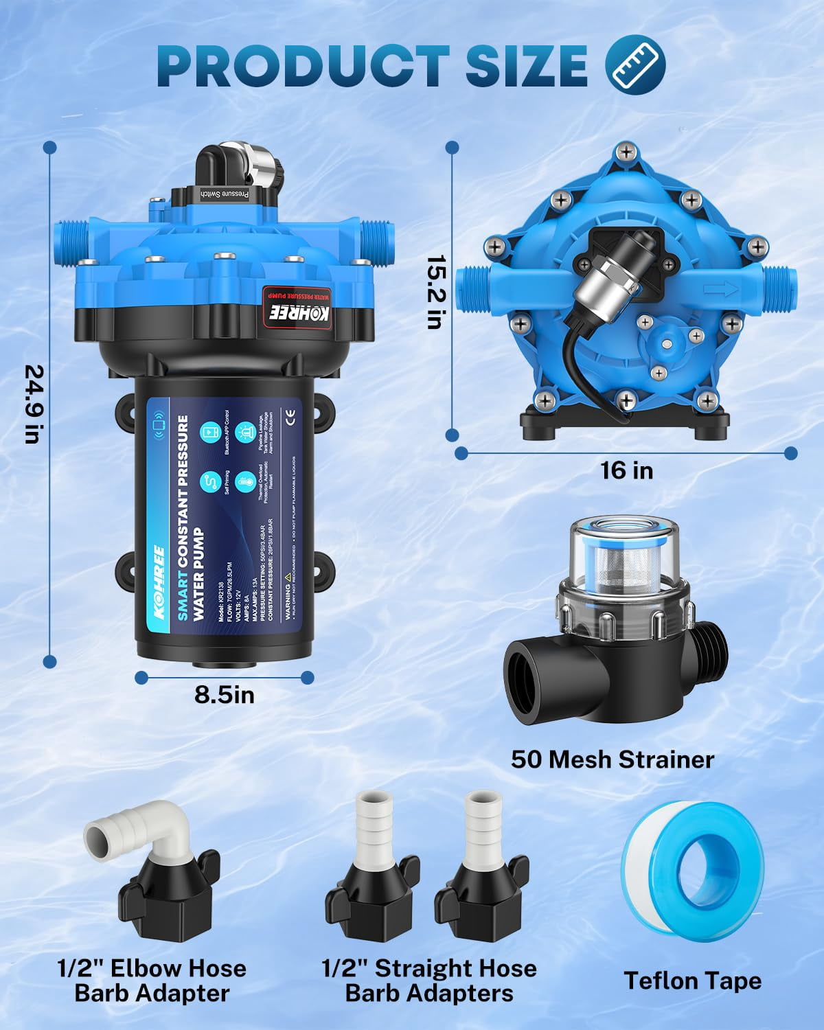 Kohree 12V DC Smart Water Pump with APP Control (7 GPM, 50 PSI, 10 ft Self-Priming) w32ga