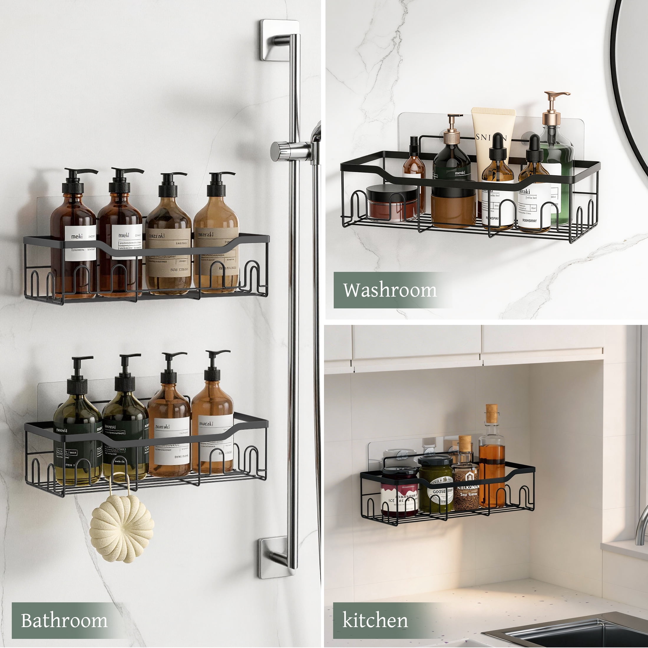 Siaomo Adhesive Shower Caddy Organizer Set, Rustproof Stainless Steel Bathroom Shelves with Hooks (Black, 5 Pack) h1jd6