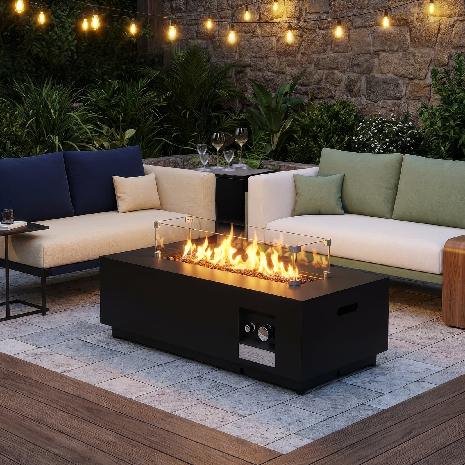ReeQuo 42 in Rectangle Propane Fire Pit Table with Lid, Wind Guard, and Tank Hideaway (Black, 42 in) kio97