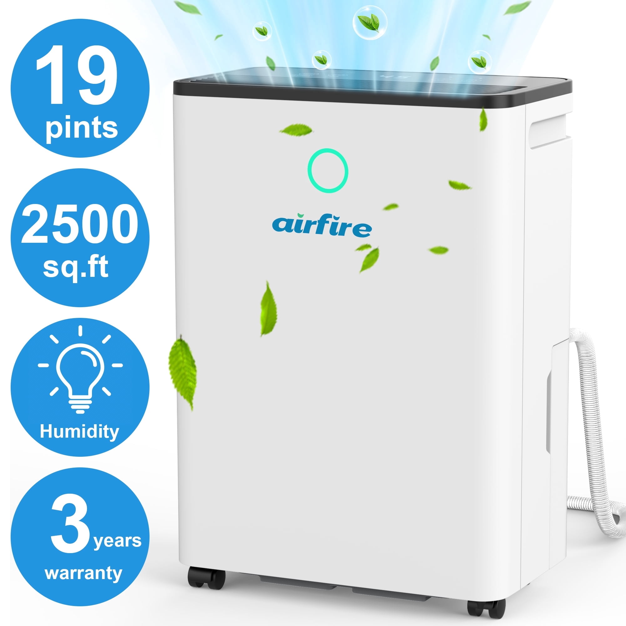 AIRFIRE Dehumidifier for Home and Basement, Efficient Moisture Removal with Drain Hose and Humidity Sensor (19 Pint, 0.66 gal) 93ye1